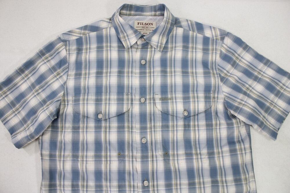 FILSON C.C. FILSON Men's Blue Plaid Short Sleeve Hiking Fishing Shirt SMALL
